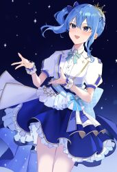Rule 34 | 1girl, aya02ka, blue eyes, blue hair, dress, highres, hololive, hoshimachi suisei, looking at viewer, open mouth, ribbon, short sleeves, side ponytail, solo, virtual youtuber