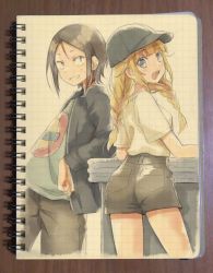 Rule 34 | 1boy, 1girl, arm support, baseball cap, black hair, black jacket, black shorts, blonde hair, blue eyes, blue shirt, braid, commentary request, hat, hekicha, highres, jacket, kabe taijin, leaning back, long hair, long sleeves, looking at viewer, looking back, notebook, open clothes, open jacket, pants, paripi koumei, pocket, print shirt, shirt, short hair, short sleeves, shorts, smile, standing, traditional media, tsukimi eiko, twin braids, white shirt