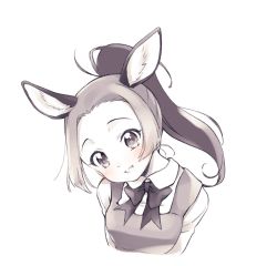 Rule 34 | 1girl, animal ears, blush, bow, bowtie, collared shirt, commentary request, donkey (kemono friends), donkey ears, donkey girl, dress, extra ears, forehead, greyscale, head tilt, kemono friends, kemono friends 2, kuromitsu (9633 kmfr), long sleeves, looking at viewer, monochrome, ponytail, shirt, sidelocks, solo, upper body