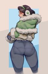 Rule 34 | 1girl, ass, black hair, blush, capelet, clothes lift, commentary, cowboy shot, earmuffs, english commentary, from behind, fur-trimmed capelet, fur trim, gloves, green capelet, green hairband, grey pantyhose, hairband, harsh-mallowz, highres, jacket, jacket lift, lifted by self, looking at viewer, looking back, monster hunter, monster hunter: world, monster hunter (series), monster hunter world: iceborne, pantyhose, pantylines, serious handler, short hair, solo, standing
