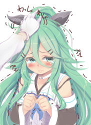 Rule 34 | 10s, 1girl, admiral (kancolle), black bow, black serafuku, blue neckerchief, blush, bow, clenched hands, commentary request, detached sleeves, gloves, green eyes, green hair, hair between eyes, hair bow, hair ornament, hairclip, hand on another&#039;s head, head pat, headpat, highres, kantai collection, long hair, looking away, mogera81, motion lines, neckerchief, parted bangs, school uniform, serafuku, simple background, sketch, solo focus, tears, trembling, white background, white gloves, yamakaze (kancolle)