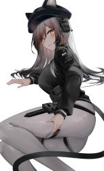 Rule 34 | 1girl, animal ears, arknights, arm support, ass, black hair, black headwear, black sweater, breasts, brown hair, cat ears, cat girl, cat tail, ears through headwear, feet out of frame, gradient hair, grey pants, hair over one eye, headset, highres, large breasts, long sleeves, looking at viewer, lying, multicolored hair, official alternate costume, on side, pants, parted lips, pouch, ru zhai, schwarz (arknights), schwarz (skyline) (arknights), solo, sweater, tail, tight clothes, tight pants, yellow eyes