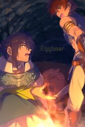Rule 34 | 2boys, :o, blue hair, brown gloves, cave, choker, echo (circa), english text, fire, gloves, holding, holding sword, holding weapon, jewelry, keele zeibel, male focus, monster, multiple boys, open mouth, red hair, reid hershel, sword, tales of (series), tales of eternia, weapon