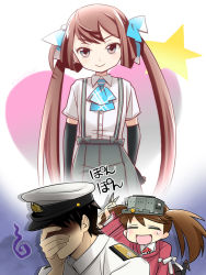 Rule 34 | 10s, admiral (kancolle), afterimage, asagumo (kancolle), ascot, black gloves, blue eyes, brown hair, elbow gloves, closed eyes, facepalm, gloves, hair ribbon, hat, japanese clothes, kantai collection, kariginu, leg up, magatama, military, military hat, military uniform, motion lines, open mouth, pleated skirt, primary stage, ribbon, ryuujou (kancolle), shaded face, skirt, smile, star (symbol), suspenders, sweatdrop, twintails, uniform, visor cap