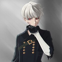 Rule 34 | 1boy, black gloves, black jacket, blood, blood on face, commentary, dirty, dirty face, english commentary, expressionless, eyebrows hidden by hair, gloves, grey hair, highres, jacket, male focus, nier:automata, nier (series), red eyes, shirl geem, solo, twitter username, upper body, watermark, wiping face, 9s (nier:automata)