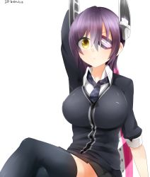 Rule 34 | 10s, 1girl, bad id, bad twitter id, black thighhighs, blush, boruhis, breasts, eyepatch, female focus, headgear, highres, kantai collection, large breasts, looking at viewer, necktie, purple hair, school uniform, short hair, simple background, solo, sword, tenryuu (kancolle), thighhighs, weapon, white background, yellow eyes