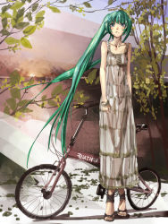 Rule 34 | 1girl, aqua hair, bad id, bad pixiv id, bicycle, blue eyes, bracelet, canking, dress, female focus, folding bicycle, full body, hatsune miku, high heels, highres, jewelry, long hair, nature, open shoes, outdoors, sandals, see-through, shoes, sky, solo, toes, tree, twintails, very long hair, vocaloid, wind
