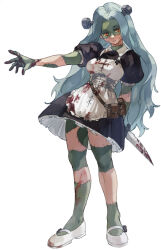 Rule 34 | abuku, apron, aqua hair, arm behind back, bag, blood, breasts, colored skin, dress, full body, grey skin, handbag, holding, holding weapon, knife, large breasts, long hair, maid, multicolored skin, open mouth, orange eyes, serious, shoes, skirt, stitches, two-tone skin, weapon, white background, zombie girl