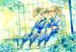 Rule 34 | 2boys, blonde hair, blue pants, brown eyes, day, closed eyes, funetail, grass, japanese clothes, long hair, looking at another, male focus, multiple boys, original, outdoors, painting (medium), pants, plant, ponytail, porch, sitting, traditional media, watercolor (medium)