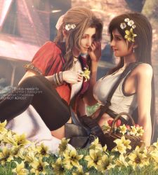 Rule 34 | 2girls, 3d, aerith gainsborough, asymmetrical bangs, bare arms, belt, black hair, blouse, bracelet, braid, breasts, brown hair, choker, closed eyes, dress, earrings, final fantasy, final fantasy vii, final fantasy vii remake, flower, flower basket, gainsborough house, garden, hair flower, hair ornament, hair ribbon, highres, holding, holding flower, jacket, jewelry, large breasts, lily (flower), long hair, midriff, multiple girls, necklace, parted lips, pink dress, pink ribbon, red flower, red jacket, ria-neearts, ribbon, shirt, sidelocks, skirt, square enix, suspender skirt, suspenders, thighhighs, tifa lockhart, touching another&#039;s face, wavy hair, white flower, white shirt, yellow flower, yuri, zettai ryouiki