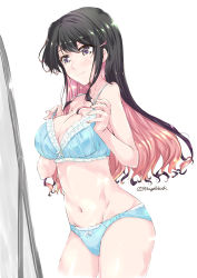 Rule 34 | 1girl, black hair, blue bra, blue panties, blush, bow, bow panties, bra, breasts, cleavage, closed mouth, collarbone, commentary request, frilled bra, frilled panties, frills, full-length mirror, groin, hair between eyes, kantai collection, lace, large breasts, lingerie, long hair, mikage takashi, mirror, multicolored hair, naganami (kancolle), navel, panties, pink hair, purple eyes, simple background, smile, solo, standing, two-tone hair, underwear, underwear only, wavy hair