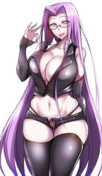 Rule 34 | 1girl, absurdres, alternate costume, bare shoulders, black-framed eyewear, black panties, black thighhighs, black vest, blush, breasts, cleavage, collarbone, cowboy shot, detached sleeves, fate/stay night, fate (series), fellatio gesture, gggg, highleg, highleg panties, highres, large breasts, long hair, looking at viewer, medusa (fate), medusa (rider) (fate), navel, panties, parted lips, purple eyes, purple hair, semi-rimless eyewear, short shorts, shorts, smile, solo, square pupils, stomach, thick thighs, thighhighs, thighs, tongue, tongue out, under-rim eyewear, underwear, very long hair, vest