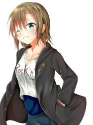Rule 34 | 10s, 1girl, absurdres, blush, brown hair, commentary request, green eyes, hand in pocket, highres, idolmaster, idolmaster cinderella girls, looking at viewer, one eye closed, seno (nanrandesu), short hair, simple background, solo, sweat, tada riina, white background