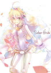 Rule 34 | 10s, 1girl, ahoge, bell, belt, blonde hair, blush, bodysuit, bouquet, breasts, chain, fate/extra, fate/extra ccc, fate/stay night, fate (series), female focus, flower, gradient background, green eyes, head wreath, looking at viewer, mikoto (mio), nero claudius (bride) (fate), nero claudius (fate), nero claudius (fate) (all), open mouth, petals, plant, solo, veil, white background, zipper