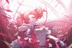 Rule 34 | 1girl, abstract background, alkaidtutu, bow, buttons, choker, dress, dress bow, entangled, floating hair, frilled dress, frilled skirt, frilled sleeves, frills, gloves, hair bow, half-closed eyes, hand on own chest, highres, kaname madoka, looking at viewer, magical girl, mahou shoujo madoka magica, mahou shoujo madoka magica (anime), parted lips, pink background, pink dress, pink hair, pink ribbon, pink theme, puffy short sleeves, puffy sleeves, red choker, ribbon, short hair, short sleeves, short twintails, signature, skirt, solo, twintails, upper body, white gloves, white skirt