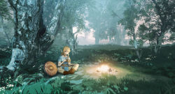 Rule 34 | 1boy, belt, blonde hair, blue eyes, blue tunic, boots, brown belt, brown footwear, campfire, closed mouth, commentary, fire, grass, grey pants, highres, holding, indian style, link, maionese, male focus, medium hair, nintendo, on ground, outdoors, pants, pointy ears, scenery, sheikah slate, shield, sidelocks, sitting, solo, swept bangs, sword, sword behind back, the legend of zelda, the legend of zelda: breath of the wild, tree, weapon, wide shot