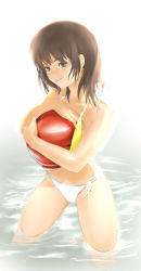 Rule 34 | akitama, ball, beachball, bikini, brown eyes, brown hair, side-tie bikini bottom, solo, swimsuit, water, white bikini