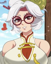 Rule 34 | 1girl, bare shoulders, breasts, cleavage, glasses, green eyes, heart, highres, karbuitt, large breasts, lips, looking at viewer, nintendo, parted lips, purah, short eyebrows, solo, the legend of zelda, the legend of zelda: tears of the kingdom, updo, upper body, white hair