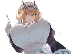 Rule 34 | 1girl, apron, barghest (fate), barghest (swimsuit archer) (fate), blonde hair, breasts, commentary request, dated, fate/grand order, fate (series), from below, gloves, goya (xalbino), green eyes, heterochromia, highres, huge breasts, maid apron, maid headdress, mimikaki, red eyes, signature, white background, white gloves