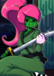 Rule 34 | black eyes, cleaning, cleaning weapon, colored skin, copyright request, green skin, katana, koi drake, no nose, outline, pink hair, ponytail, sitting, smile, socks, solo, striped clothes, striped legwear, striped socks, sword, tree, weapon