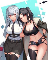 Rule 34 | 2girls, absurdres, aoria, belt, black choker, black gloves, black hair, black legwear, black shorts, breasts, cape, choker, cleavage, commission, crop top, ear piercing, earrings, garter straps, gloves, hand on own hip, highres, jewelry, large breasts, long hair, looking at viewer, midriff, mole, mole on thigh, multiple belts, multiple girls, navel, necktie, open fly, original, piercing, red eyes, revealing clothes, shirt, shirt tucked in, short shorts, shorts, sideless outfit, sidelocks, single thighhigh, sleeveless, smile, sports bra, stomach, thigh gap, thighhighs, thighs, white hair, white shirt