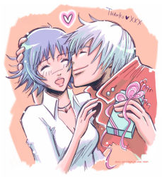 Rule 34 | 1boy, 1girl, black hair, capcom, couple, dante (devil may cry), devil may cry (series), devil may cry 3, dress shirt, closed eyes, gift, jewelry, lady (devil may cry), necklace, open mouth, shirt, short hair, unitedflavors, white hair, white shirt