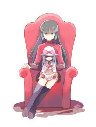 Rule 34 | bad id, bad pixiv id, black footwear, boots, chair, creatures (company), doll, game freak, green hair, gym leader, hat, holding, holding poke ball, knee boots, long hair, looking at viewer, mei (maysroom), nintendo, poke ball, poke ball (basic), pokemon, pokemon (anime), pokemon (classic anime), purple eyes, red shirt, sabrina&#039;s doll, sabrina (pokemon), shirt, sitting