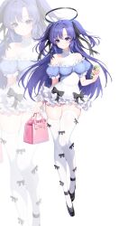 Rule 34 | 1girl, absurdres, bag, bare shoulders, black bow, black footwear, black ribbon, blue archive, bow, bow legwear, cellphone, dress, dress bow, frilled dress, frills, full body, hair ribbon, halo, high heels, highres, holding, holding bag, holding phone, long hair, looking at viewer, parted lips, phone, pink bag, purple eyes, purple hair, ribbon, short sleeves, simple background, smartphone, solo, standing, thighhighs, two side up, white dress, white thighhighs, yuri (chocho q), yuuka (blue archive), zettai ryouiki, zoom layer