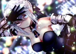 Rule 34 | 1girl, arm up, black gloves, black ribbon, blue dress, blue eyes, blurry, blurry background, breasts, cleavage, closed mouth, commentary request, detached sleeves, dress, dutch angle, elbow gloves, gloves, hair between eyes, hair ribbon, heterochromia, izayoi sakuya, looking at viewer, medium breasts, nanase nao, red eyes, ribbon, shaded face, silver hair, solo, strapless, strapless dress, touhou