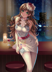 Rule 34 | 1girl, bang dream!, bar (place), bar stool, blue flower, blurry, bokeh, bracelet, braid, breasts, brown hair, cleavage, collarbone, commentary request, cup, depth of field, dress, drinking glass, earrings, fishnet pantyhose, fishnets, flower, green eyes, hair flower, hair ornament, head tilt, highres, imai lisa, indoors, jewelry, kenkou toshikou, lamp, long hair, looking at viewer, medium breasts, necklace, pantyhose, pearl bracelet, pearl necklace, sitting, sky, skyline, sleeveless, sleeveless dress, smile, solo, star (sky), starry sky, stool, wavy hair, white dress, white flower, white pantyhose, window, wine glass
