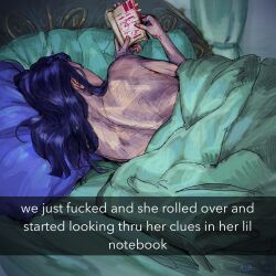 Rule 34 | 1girl, blanket, book, caitlyn (league of legends), english text, from behind, highres, holding, holding book, holding notebook, league of legends, long hair, lying, meme, notebook, nude, on side, pillow, purple hair, ribbedtank, solo, upper body