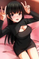 Rule 34 | 1girl, bed, black dress, black hair, blush, breasts, brown eyes, cleavage, cleavage cutout, clothing cutout, double v, dress, highres, long hair, long sleeves, looking at viewer, matsunaga kouyou, medium breasts, on bed, open mouth, sitting, smile, teeth, v