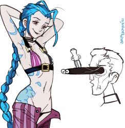 Rule 34 | 1boy, 1girl, 2021, arcane: league of legends, arm tattoo, armpits, arms behind head, arms up, artist name, black panties, blue hair, braid, buckle, bulging eyes, closed mouth, commission, eye pop, flat chest, groin, jinx (league of legends), league of legends, long hair, looking at another, midriff, navel, pale skin, panties, pink eyes, shorts, sidelocks, simple background, single braid, smile, solo focus, sooperman, standing, stomach tattoo, striped clothes, striped shorts, tattoo, unbuttoned, underwear, upper body