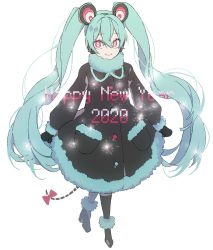 Rule 34 | 1girl, 2020, animal ears, aqua hair, boots, bow, crypton future media, dress, eiku, full body, fur-trimmed boots, fur-trimmed dress, fur trim, hair between eyes, happy new year, hatsune miku, headphones, high heel boots, high heels, long hair, looking at viewer, mittens, mouse ears, mouse tail, new year, piapro, pink eyes, smile, solo, standing, tail, tail bow, tail ornament, twintails, very long hair, vocaloid, white background
