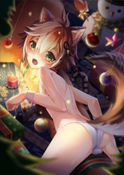 Rule 34 | 1boy, animal ears, artist request, ass, bare shoulders, blush, brown hair, bulge, christmas, embarrassed, fang, fox ears, fox tail, from behind, genshin impact, gorou (genshin impact), green eyes, loincloth, looking at viewer, looking back, male focus, multicolored hair, open mouth, shiny skin, solo, tail, tears, trap, two-tone hair, white hair, wrist cuffs