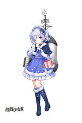 Rule 34 | 1girl, alternate costume, anchor, bad id, bad pixiv id, blue dress, blue eyes, blue footwear, blue hair, blue hat, blue ribbon, blush, boots, box, capelet, choker, closed mouth, copyright name, dress, full body, fur trim, gift, gift box, gloves, hat, highres, holding, holding gift, long sleeves, looking at viewer, machinery, matching hair/eyes, mini hat, mittens, official art, one eye closed, polka dot, ponytail, ribbon, sigsbee (warship girls r), silver hair, simple background, smile, smokestack, socks, solo, standing, text focus, torpedo, warship girls r, white gloves, zhenming
