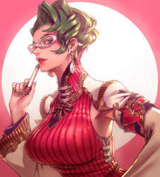 Rule 34 | 1girl, armband, armpit cutout, black ribbon, blue eyes, breasts, circle, clothing cutout, earrings, glasses, green hair, green nails, hand on own hip, hand up, high collar, highres, holding, holding pen, jewelry, kaburagi yasutaka, large breasts, layered clothes, light smile, lips, long sleeves, looking at viewer, multiple earrings, nail polish, neck ribbon, original, parted lips, pen, ribbed sweater, ribbon, short hair, sideways glance, solo, sweater, upper body, white-framed eyewear