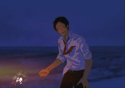 Rule 34 | 1boy, adachi tooru, belt, black belt, black pants, breast pocket, collared shirt, firecrackers, fireworks, glowing, highres, holding, holding fireworks, light particles, male focus, morrisuit, necktie, night, open mouth, pants, persona, persona 4, pocket, red necktie, shirt, short hair, sleeves rolled up, teeth, white shirt