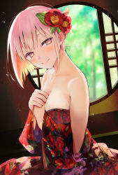 Rule 34 | 1girl, 2022, bare shoulders, blonde hair, blurry, blurry background, breasts, closed mouth, collarbone, depth of field, eyebrows hidden by hair, floral print, flower, hair flower, hair ornament, hands up, indoors, japanese clothes, kimono, medium breasts, multicolored hair, off shoulder, open window, original, own hands together, pink eyes, pink hair, print kimono, red flower, red kimono, round window, signature, smile, solo, tomozero, two-tone hair, window