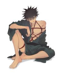 Rule 34 | 1boy, absurdres, black hair, blue eyes, bound, bound arms, bound legs, closed mouth, full body, fushiguro megumi, highres, japanese clothes, jujutsu kaisen, kimono, knee up, male focus, nipples, one eye closed, pectorals, short hair, simple background, sitting, solo, spiked hair, white background, woshihedawei