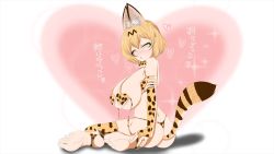 Rule 34 | 10s, 1girl, animal ears, areola slip, arm warmers, bad id, bad pixiv id, barefoot, blonde hair, blush, breasts, feet, kemono friends, large breasts, looking at viewer, parted lips, serval (kemono friends), short hair, sitting, soles, tail, toeless legwear, toes, translated, yata orochi, yellow eyes