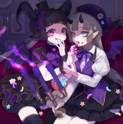 Rule 34 | 2girls, :q, animal ears, aqua eyes, ascot, bat wings, black hair, black legwear, black shirt, black shorts, black skirt, bow, braid, candle, candlestand, collared shirt, couch, cowboy shot, crown (symbol), demon girl, eyeball, eyelashes, eyeshadow, feeding, fire, french braid, frilled skirt, frills, goat ears, goat girl, goat horns, gold trim, grey hair, hat, hat bow, heart, heart tail, highres, holding, horns, indoors, jack-o&#039;-lantern, juliet sleeves, lace, lace-trimmed collar, lace-trimmed legwear, lace trim, liquid, long hair, long sleeves, looking at viewer, makeup, mini hat, mini top hat, mole, mole under eye, multiple girls, neck ribbon, on couch, open mouth, original, picture frame, pink eyes, pink fire, pointy ears, puffy shorts, puffy sleeves, purple bow, purple fire, purple headwear, purple ribbon, purple vest, ribbon, shirt, short hair, short sleeves, shorts, shou (hanasakukoroni), sitting, skirt, star (symbol), striped clothes, striped shirt, tail, tareme, thighhighs, tongue, tongue out, top hat, tsurime, vertical-striped clothes, vertical-striped shirt, very long hair, vest, white shirt, wings, wrist cuffs
