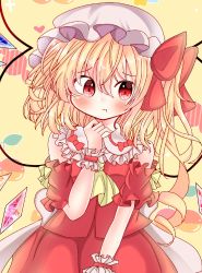 Rule 34 | 1girl, adapted costume, back bow, bare shoulders, blonde hair, blush, bow, closed mouth, cowboy shot, crystal, flandre scarlet, frilled shirt collar, frilled sleeves, frills, hair between eyes, hat, heart, highres, medium hair, mob cap, multicolored wings, pout, red eyes, red shirt, red skirt, ribbon, shiraishikotori, shirt, short sleeves, side ponytail, simple background, skirt, solo, touhou, white bow, white hat, wings, wrist cuffs, yellow background