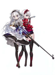 Rule 34 | 10s, 2girls, absurdres, anti-materiel rifle, ass, bike shorts, black gloves, bodysuit, boots, breasts, butterfly hair ornament, chaika bogdan, chaika trabant, dress, eyebrows, fingerless gloves, full body, gloves, gun, hair ornament, hairband, headdress, highres, hitsugi no chaika, holding, holding gun, holding weapon, huge filesize, lolita hairband, looking at viewer, looking back, multiple girls, namaniku atk, platform footwear, purple eyes, red eyes, rifle, scan, sideboob, simple background, skirt, small breasts, sniper rifle, standing, sword, thigh boots, thighhighs, weapon, white background, white hair, wide hips