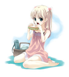 Rule 34 | 1girl, barefoot, basket, blonde hair, blue eyes, bomi, child, dress, eating, long hair, looking at viewer, open mouth, picnic basket, sandwich, sitting, solo, two side up, wariza