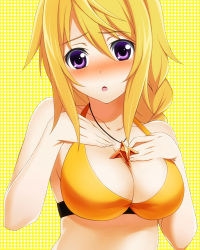 Rule 34 | 10s, 1girl, :o, blonde hair, blush, breast suppress, breasts, charlotte dunois, cleavage, collar, infinite stratos, jewelry, laco soregashi, large breasts, long hair, pendant, purple eyes, ribbon, solo, swimsuit