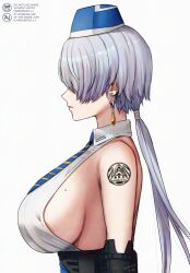 1girl arm_tattoo blue_necktie breasts brid_(nikke) bridal_gauntlets earrings goddess_of_victory:_nikke grey_hair hat highres jewelry large_breasts mole mole_on_breast necktie ponytail profile shirt sideboob sideless_shirt simple_background solo tattoo upper_body white_background white_shirt yamamori_kinako