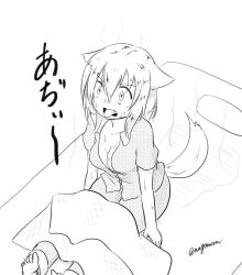 Rule 34 | 1girl, animal ears, barefoot, breasts, cleavage, collarbone, greyscale, hot, inubashiri momiji, medium breasts, monochrome, open mouth, pajamas, short hair, signature, solo, sweat, tail, taurine 8000mg, tongue, tongue out, touhou, wolf ears, wolf tail