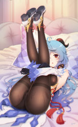 Rule 34 | 1girl, absurdres, ahoge, artist request, ass, bare shoulders, blue hair, blush, bodysuit, breasts, cameltoe, cleft of venus, detached sleeves, ganyu (genshin impact), genshin impact, gloves, highres, horns, hugging own legs, large breasts, legs, legs up, long hair, open mouth, pantyhose, purple eyes, shiny clothes, shiny skin, solo, very long hair, waist cape
