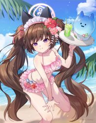 Rule 34 | 1girl, absurdres, bare legs, beach, bikini, blue archive, blue sky, brown hair, closed mouth, cloud, eve rochet, flower, foot out of frame, frilled bikini, frills, hair flower, hair ornament, halo, highleg, highleg bikini, highres, holding, holding plate, long hair, looking at viewer, ocean, outdoors, pink bikini, plate, purple eyes, shizuko (blue archive), shizuko (swimsuit) (blue archive), sky, smile, solo, summer, swimsuit, twintails, white headdress